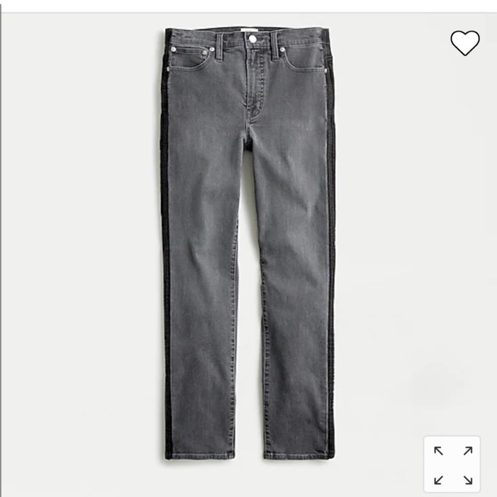 JCrew Charcoal Denim Jeans with black tuxedo stripes along the side